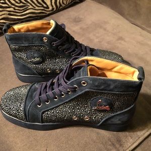 CHRISTIAN LOUBOUTIN DEEP NAVY LOUIS SUEDE & STRASS HIGH-TOP SNEAKERS SZ 39